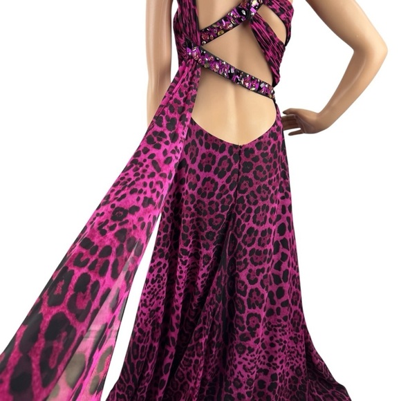 Cassandra Stone by Mac Duggal One-Shoulder Gown 2 Fuchsia Leopard Print Beaded - Picture 11 of 16